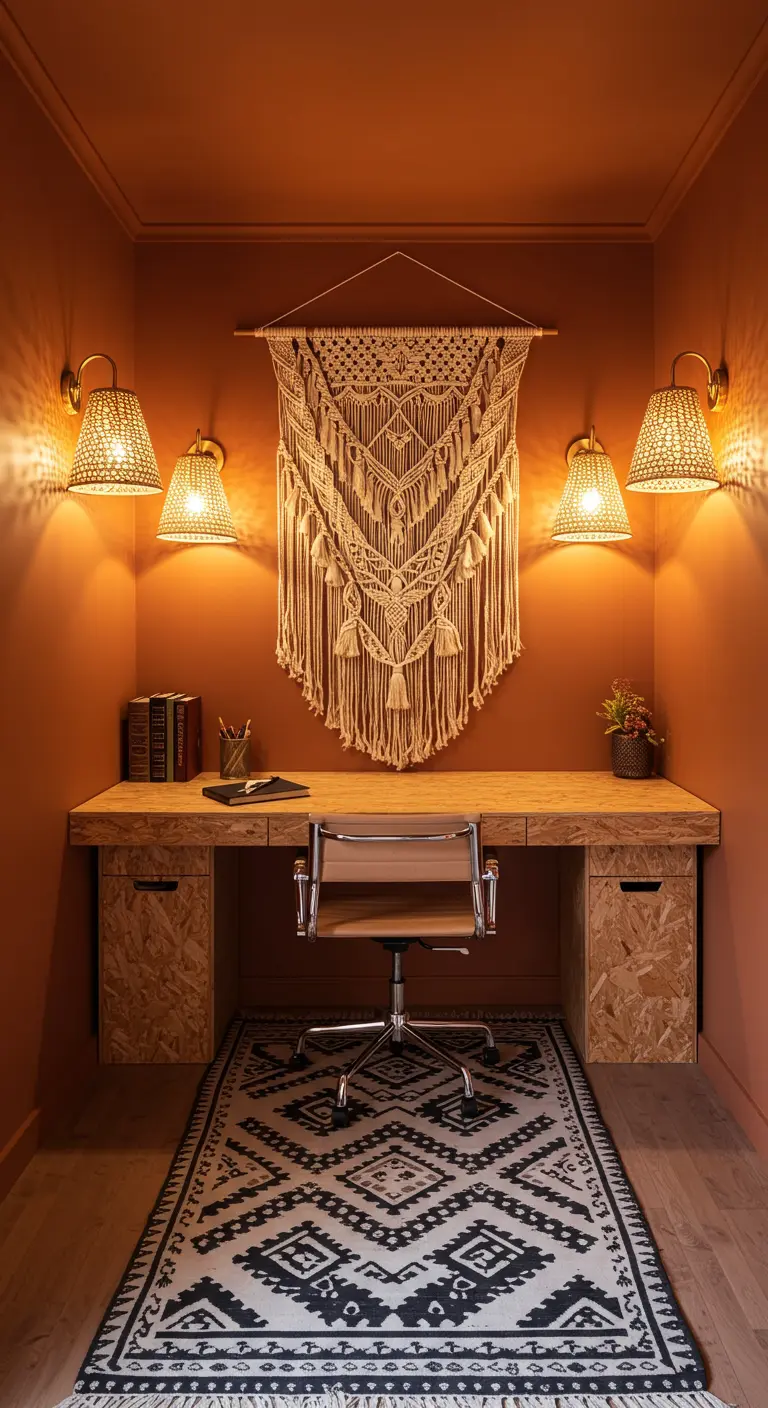 Bureau avec une grande tenture en macramé et des appliques murales en rotin.