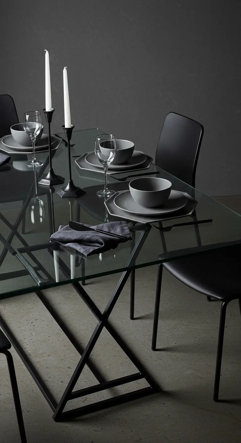 Table à manger moderne avec plateau en verre, vaisselle grise et chaises noires.