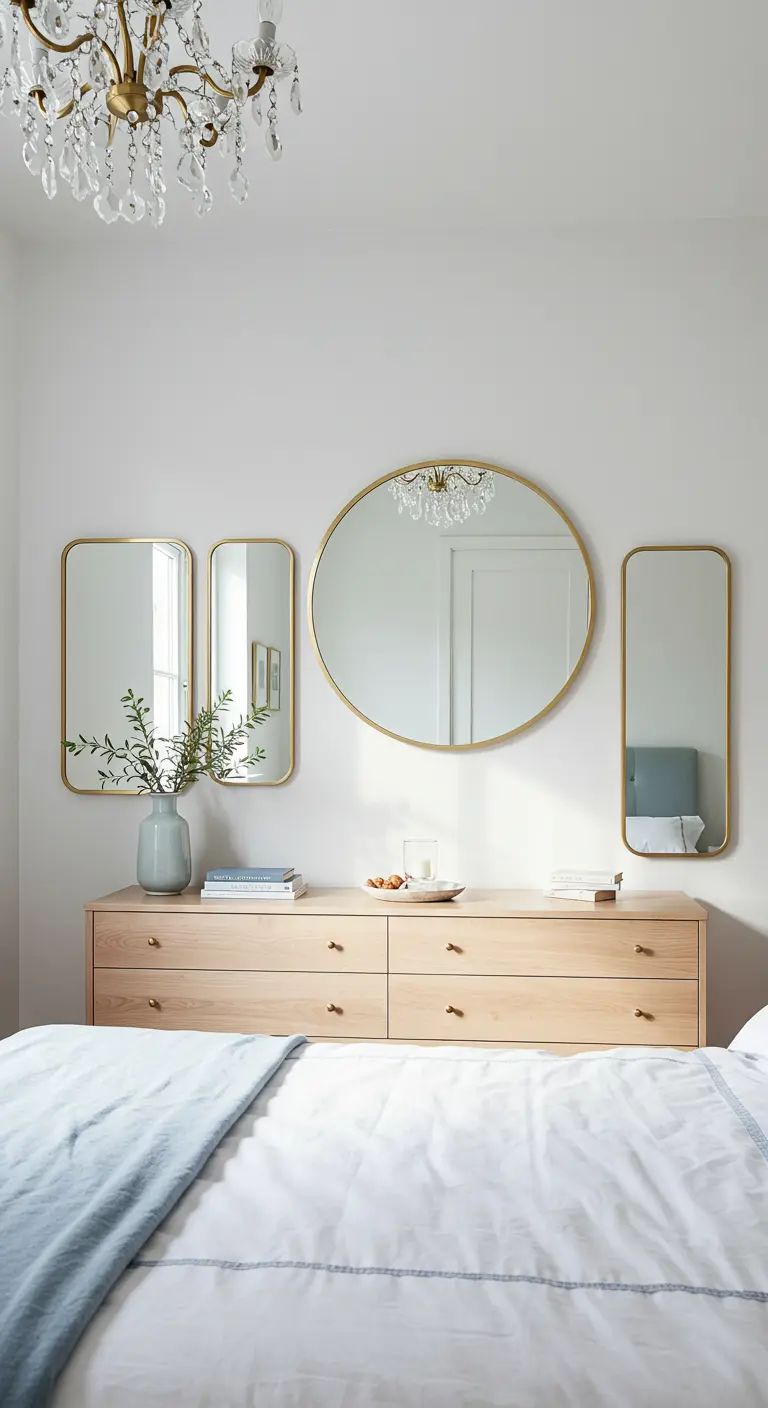 Quatre miroirs encadrés d'or de différentes formes au-dessus d'une commode en bois clair.