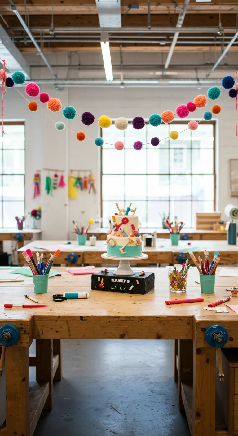 Guirlande de pompons colorés de différentes tailles dans un atelier d'artiste.