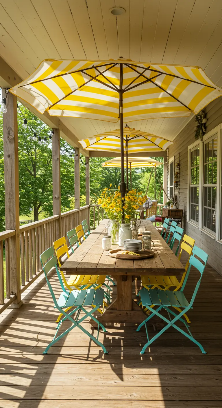 Longue table en bois, chaises jaunes et turquoise, parasols rayés sur une véranda ensoleillée.