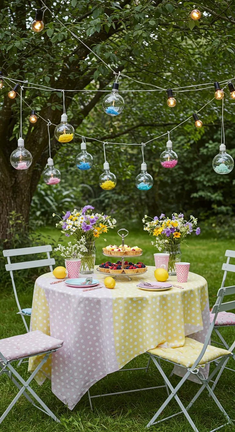 Table de jardin avec nappe à pois et rayures, chaises pliantes, guirlandes lumineuses et globes décoratifs.