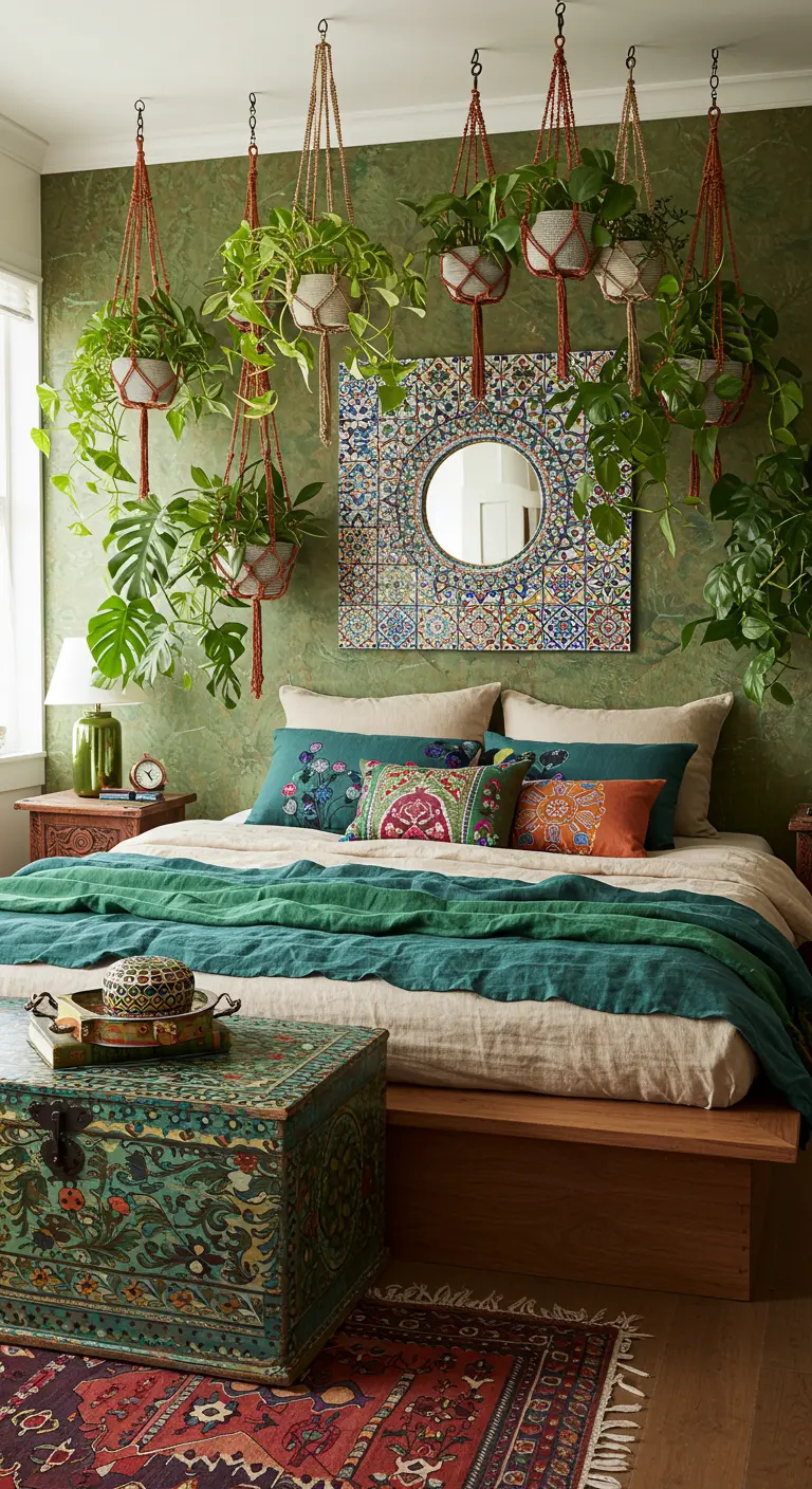 Chambre jungle bohème avec mur vert texturé, nombreuses plantes suspendues et miroir mosaïque.