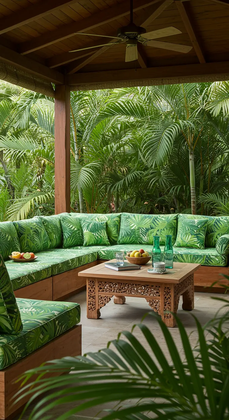 Salon d'extérieur avec des coussins à motif de feuilles de palmier vertes.