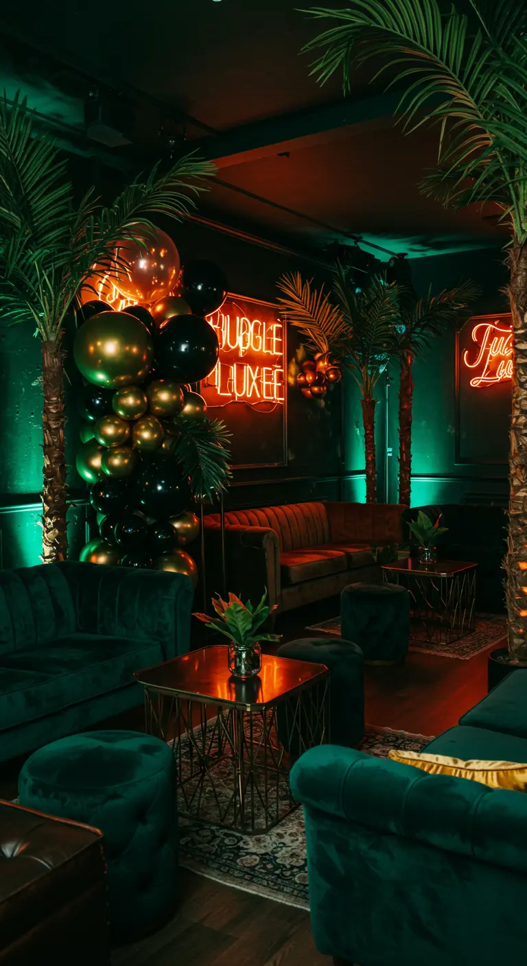 Lounge sombre avec canapés en velours vert, néons et ballons dorés.