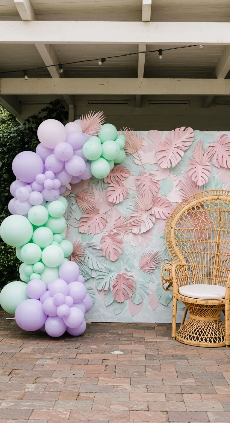 Coin photobooth avec feuilles de monstera en papier rose et vert, chaise en rotin.