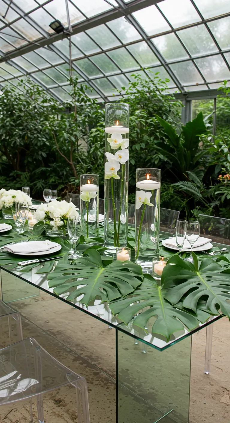 Table en verre dans une serre avec des feuilles de monstera en dessous et des orchidées.