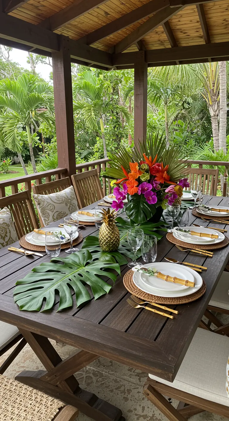 Table tropicale avec feuille de monstera, ananas doré et sets de table en paille.