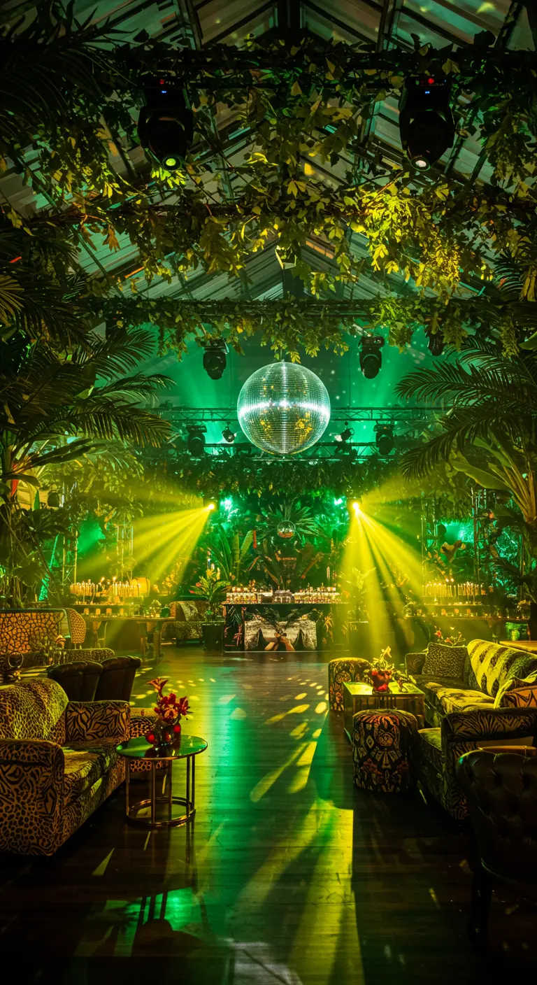 Une boule à facettes au milieu d'une jungle de plantes luxuriantes, sous des lumières vertes.