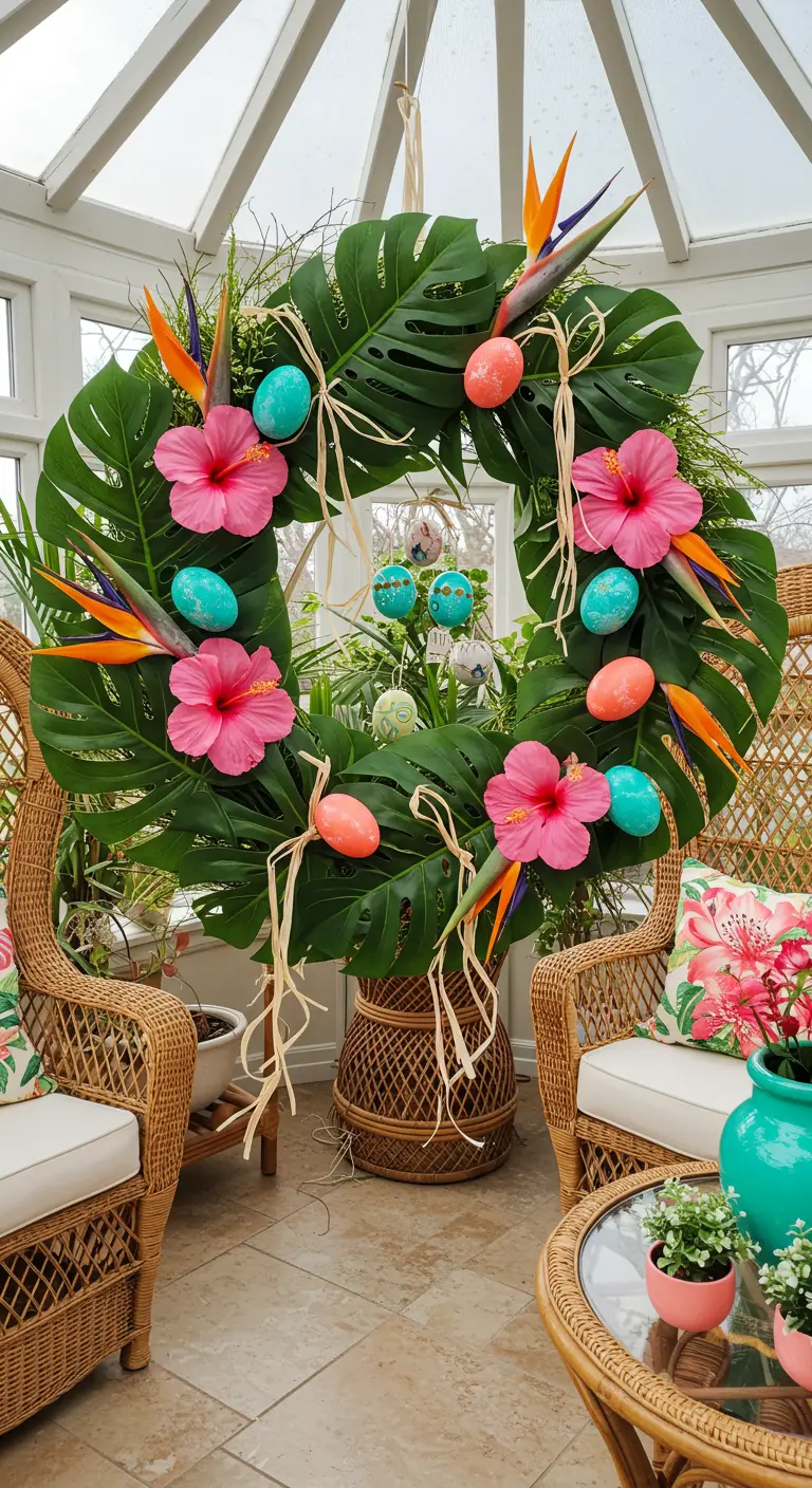 Grande couronne de feuilles de monstera et de fleurs tropicales avec des œufs colorés.