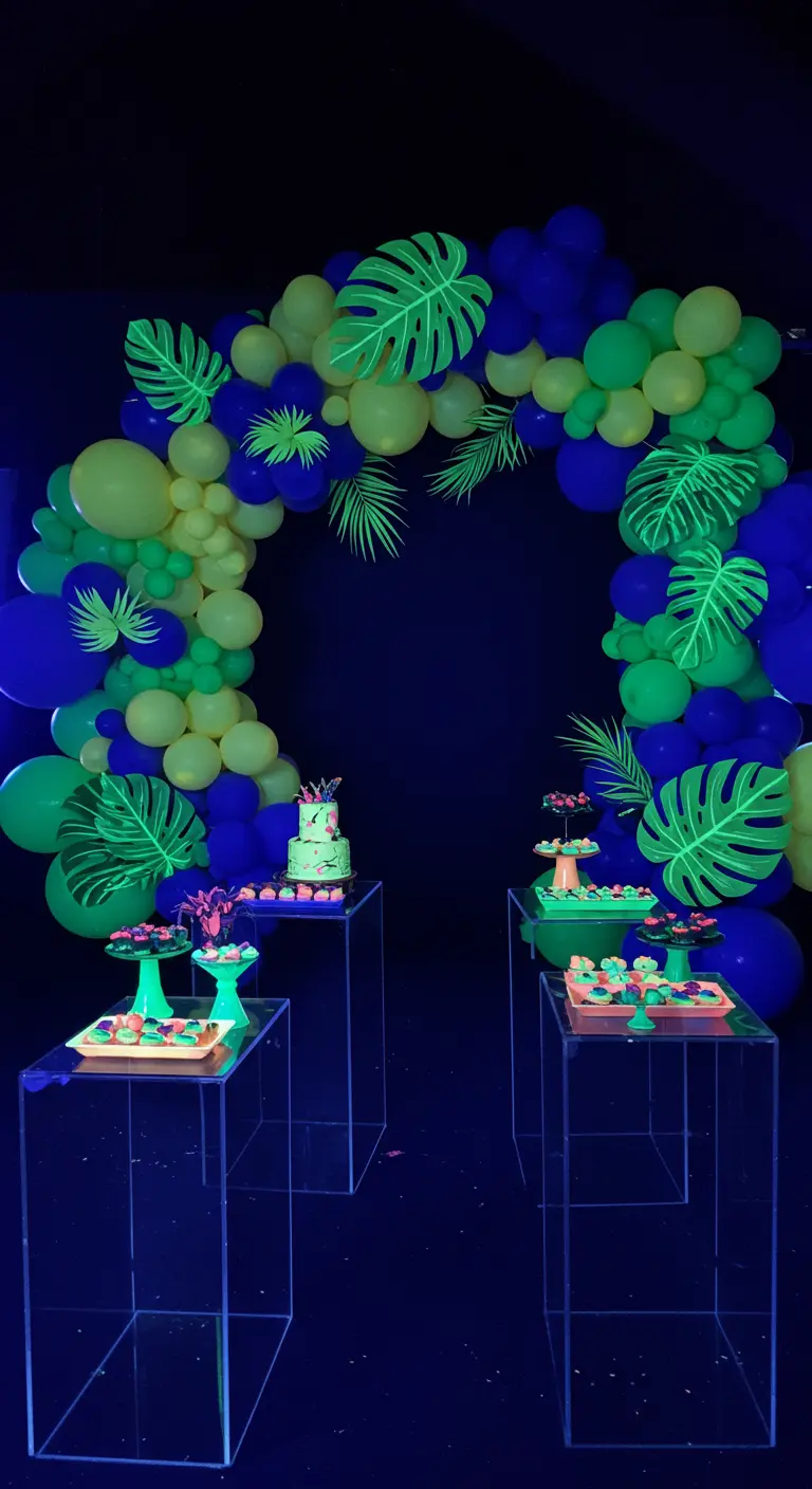 Arche de ballons et feuilles tropicales fluorescentes sous une lumière noire.
