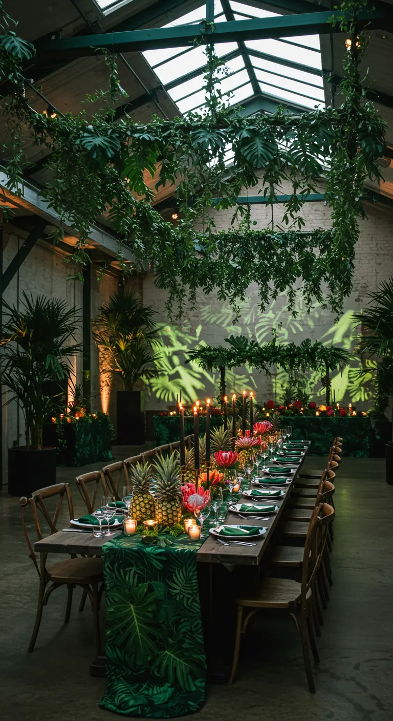 Longue table de banquet sous une canopée de verdure suspendue.