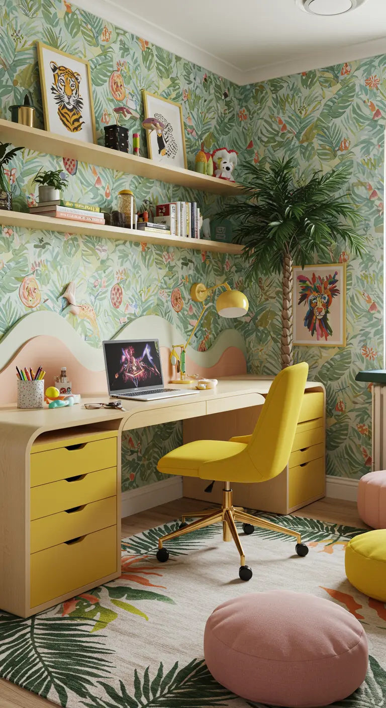 Bureau d'enfant avec papier peint jungle, mobilier jaune, mini palmier et poufs colorés.
