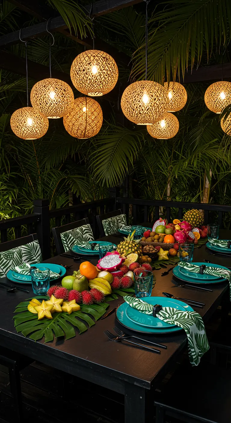 Table de dîner dans une ambiance jungle, avec des feuilles de Monstera et des fruits exotiques.