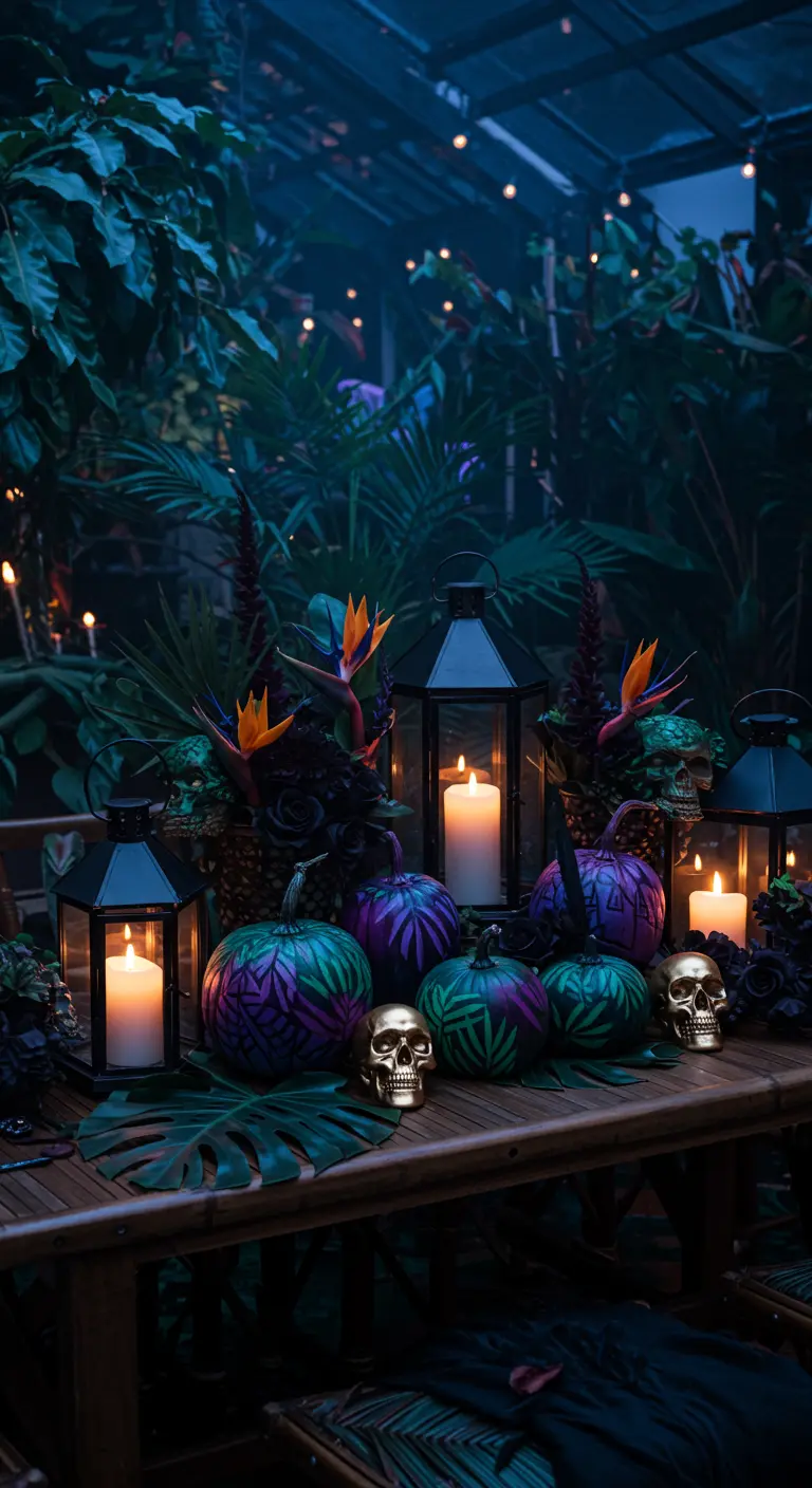 Décoration d'Halloween jungle mystique avec citrouilles à motifs tropicaux, feuilles de monstera et lanternes