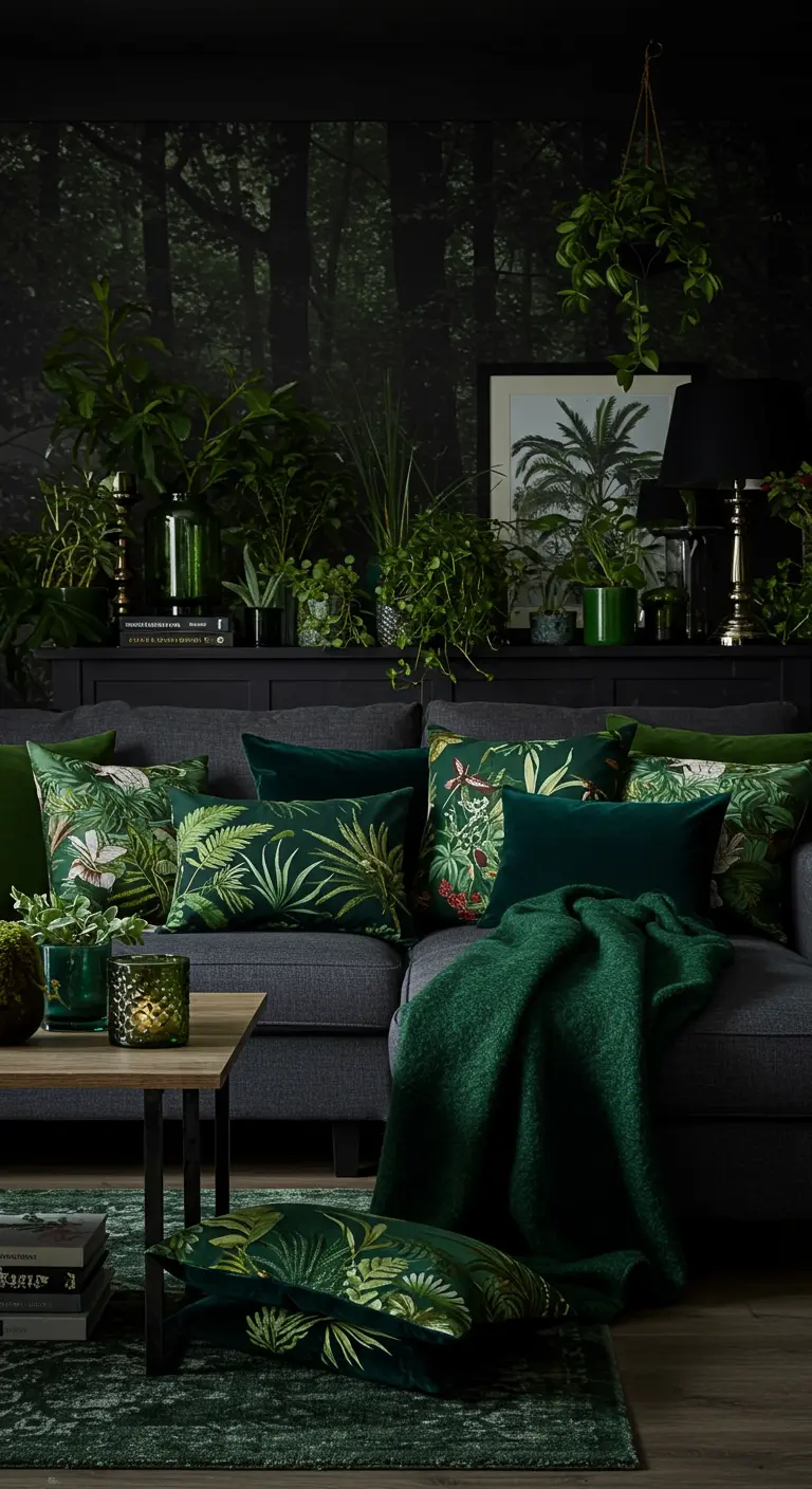 Canapé gris foncé avec une profusion de coussins et un plaid vert forêt, ambiance jungle sombre.