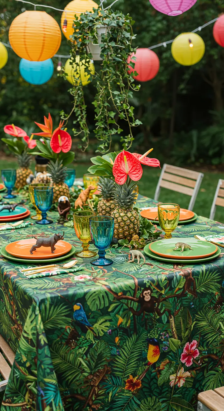 Table de jardin avec nappe jungle, ananas, anthuriums rouges, figurines d'animaux, verres colorés et lampions.