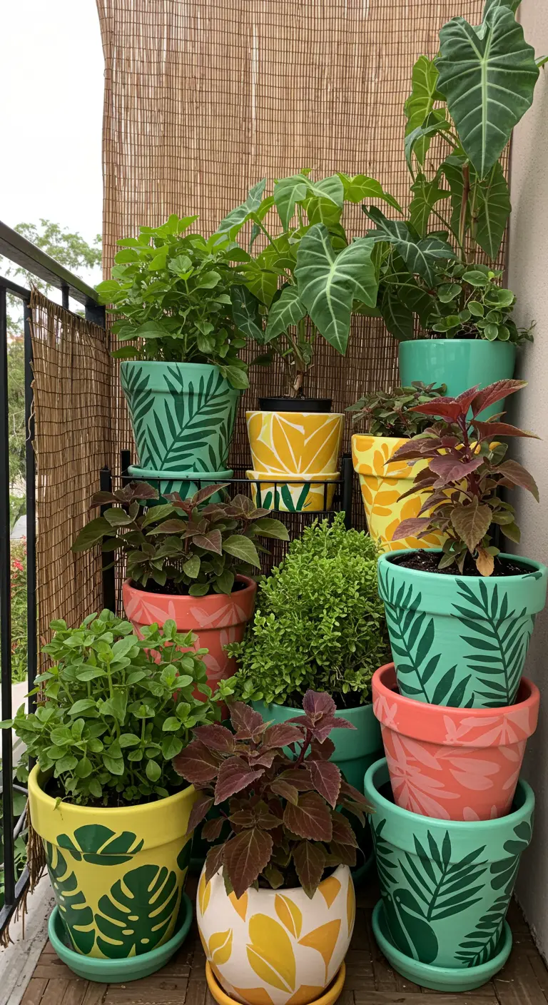 Pots de fleurs colorés peints avec des motifs de feuilles de plantes.