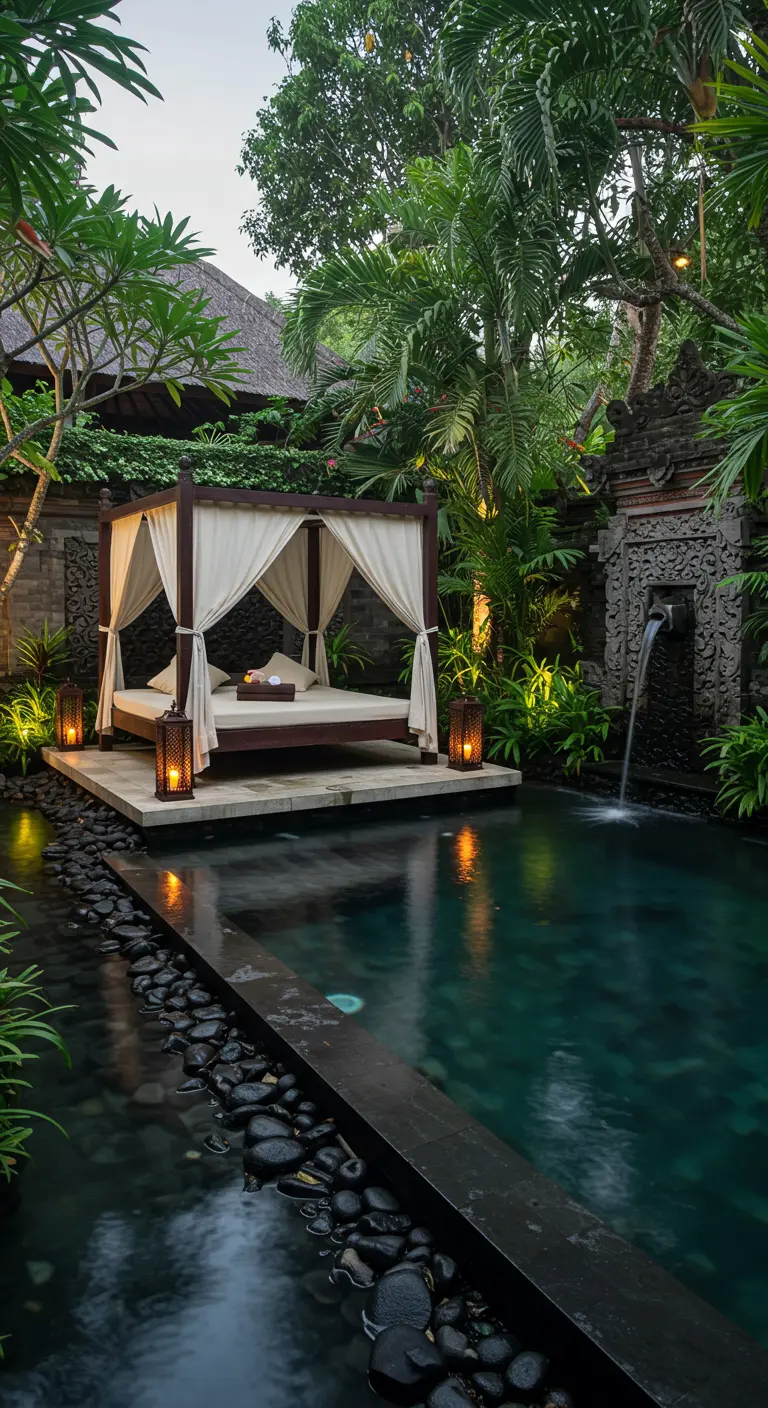 Lit à baldaquin en bois sombre au bord d'une petite piscine dans un jardin tropical luxuriant.