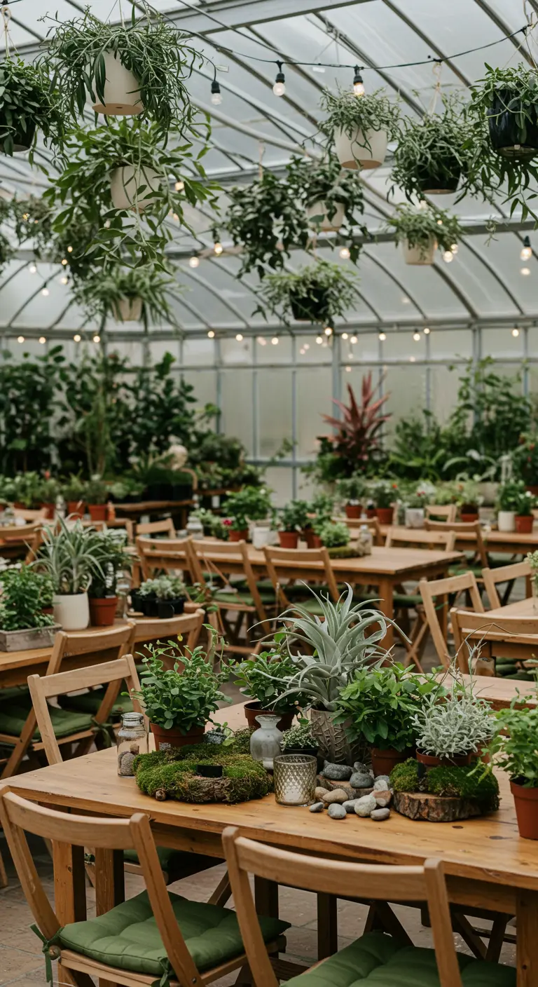 Tables de mariage dans une serre luxuriante, décorées de plantes vertes variées en pots et bougies.