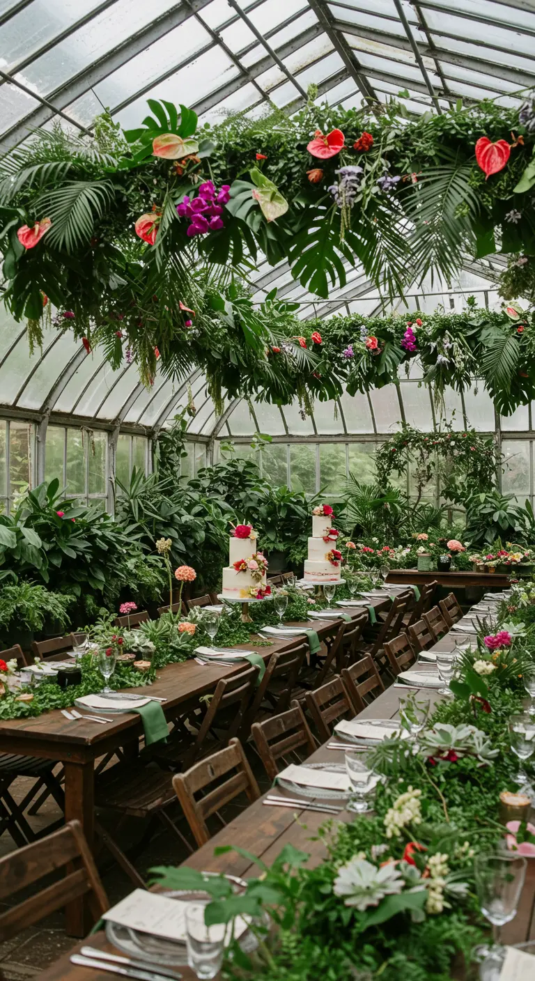 Guirlande luxuriante de feuillages tropicaux et fleurs colorées suspendue dans une serre.