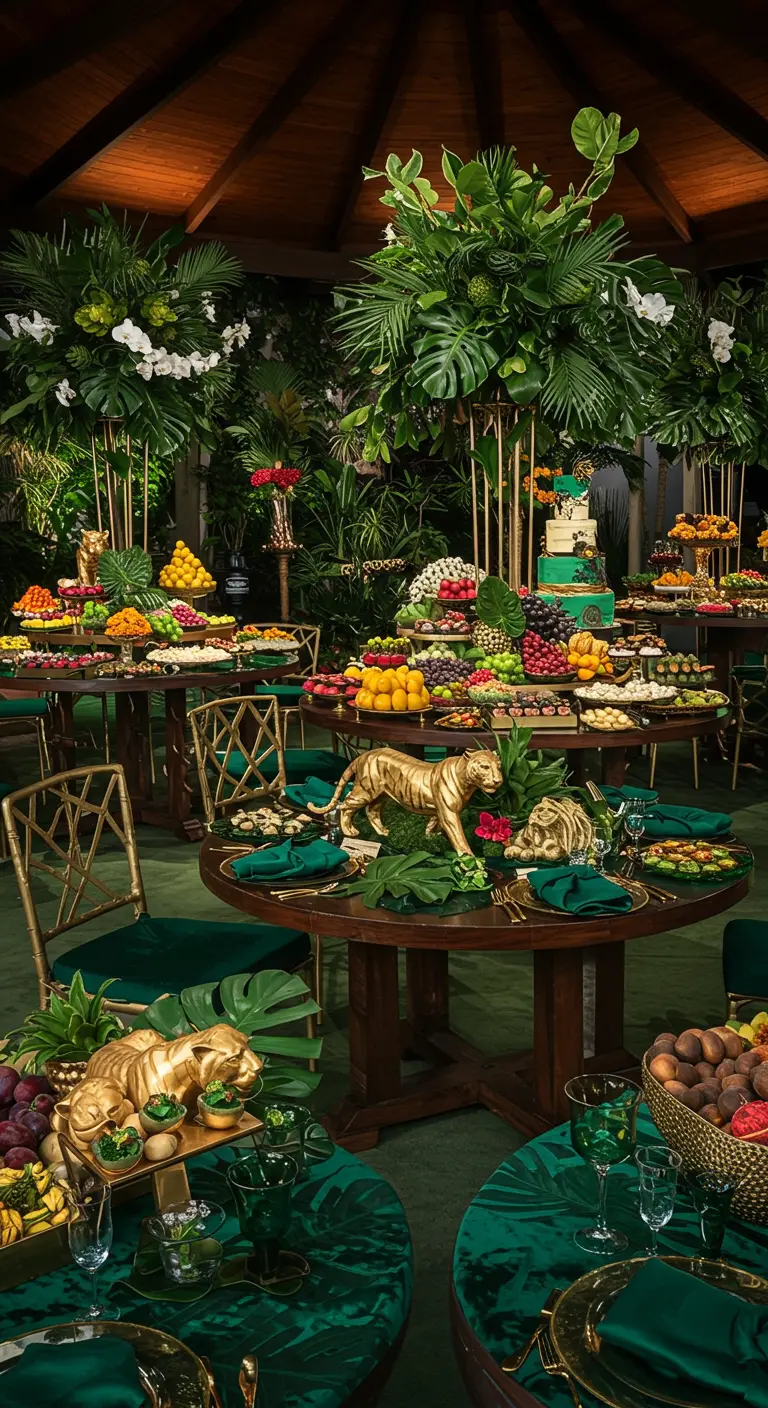 Table de jungle luxuriante avec nappe verte, statues d'animaux dorées et feuillage tropical.