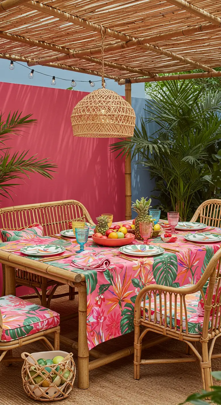 Table en bambou avec nappe tropicale rose, fruits exotiques et grand palmier en pot.