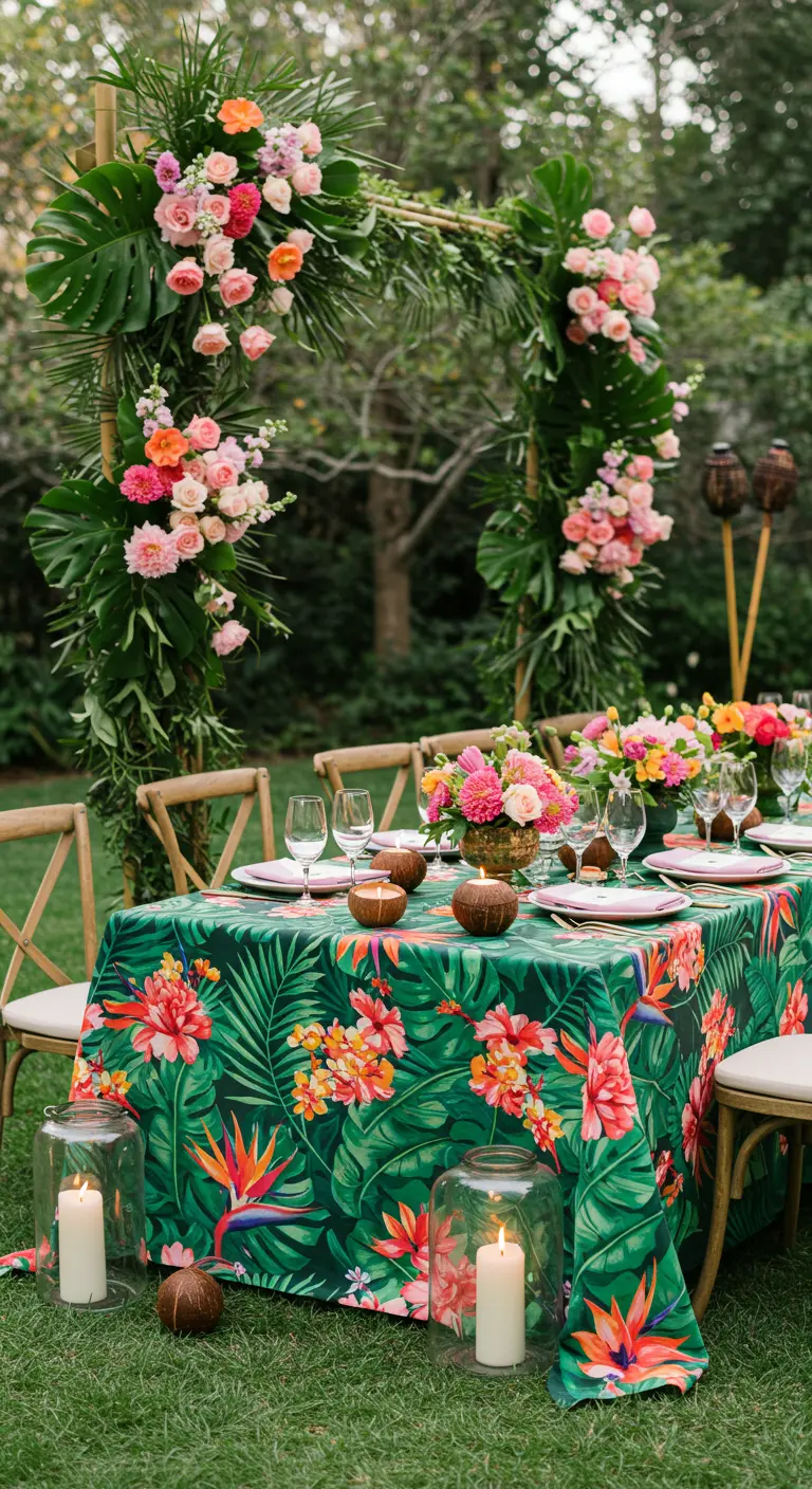 Table tropicale en extérieur avec arche de monstera et fleurs vives, nappe jungle et lanternes.