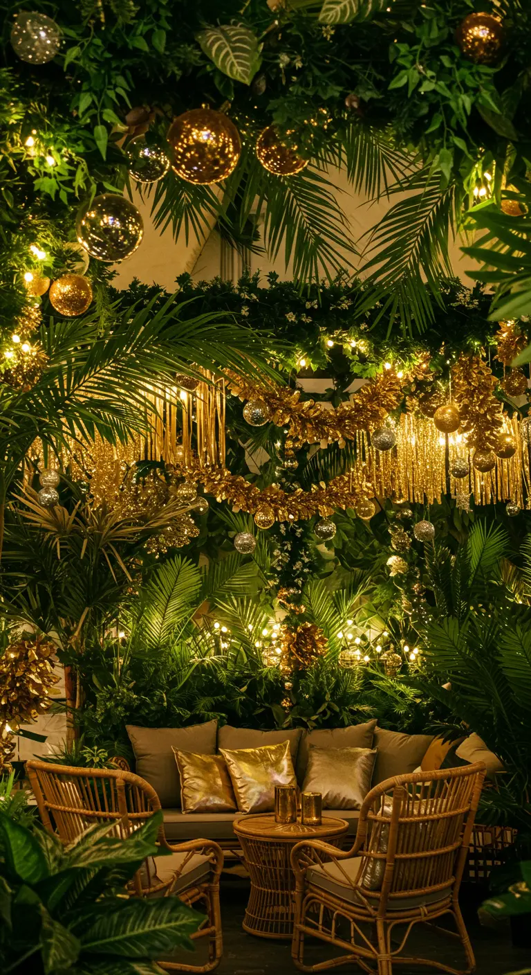 Mur végétal luxuriant décoré de guirlandes lumineuses dorées, de tinsel et de boules miroir avec mobilier en rotin.