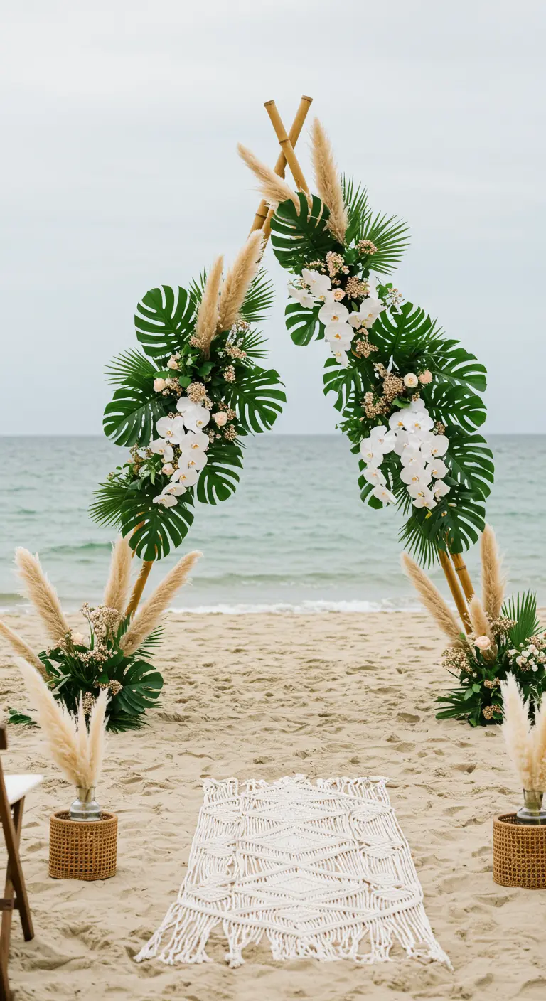 Arche de mariage en bambou avec des feuilles de Monstera et des orchidées blanches.