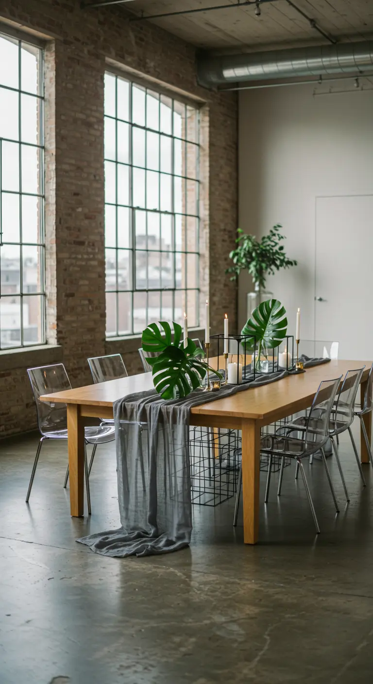 Table en bois dans un loft, avec un centre de table en panier métallique et feuilles de Monstera.