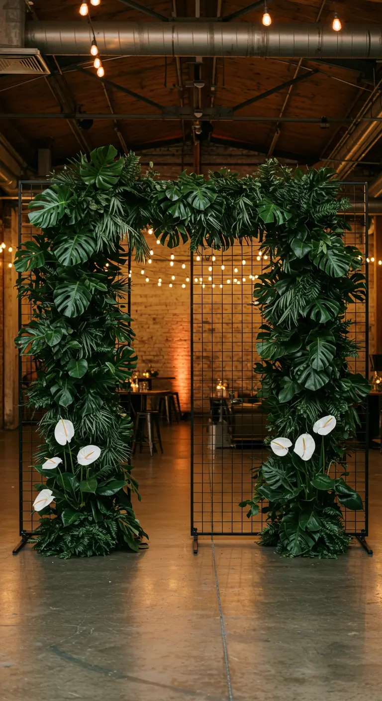 Arche en grille métallique noire avec de grandes feuilles de Monstera et des fleurs blanches.