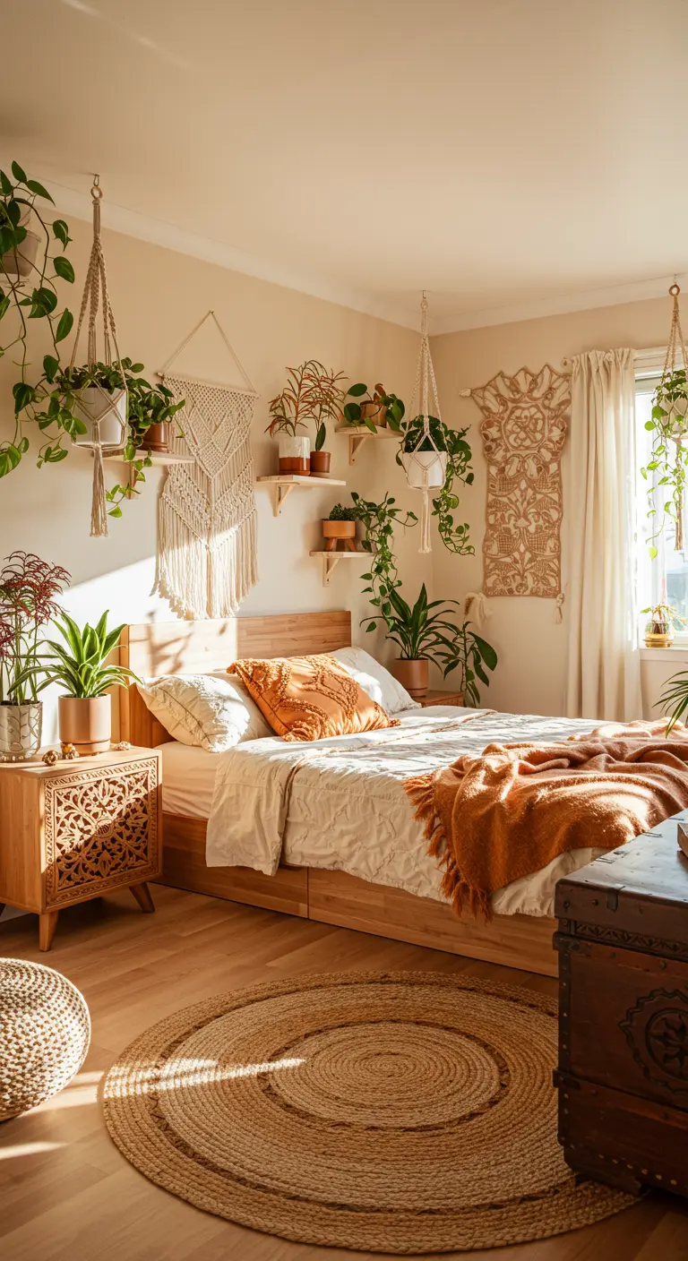 Chambre lumineuse avec de nombreuses plantes suspendues, étagères en bois et décoration macramé.