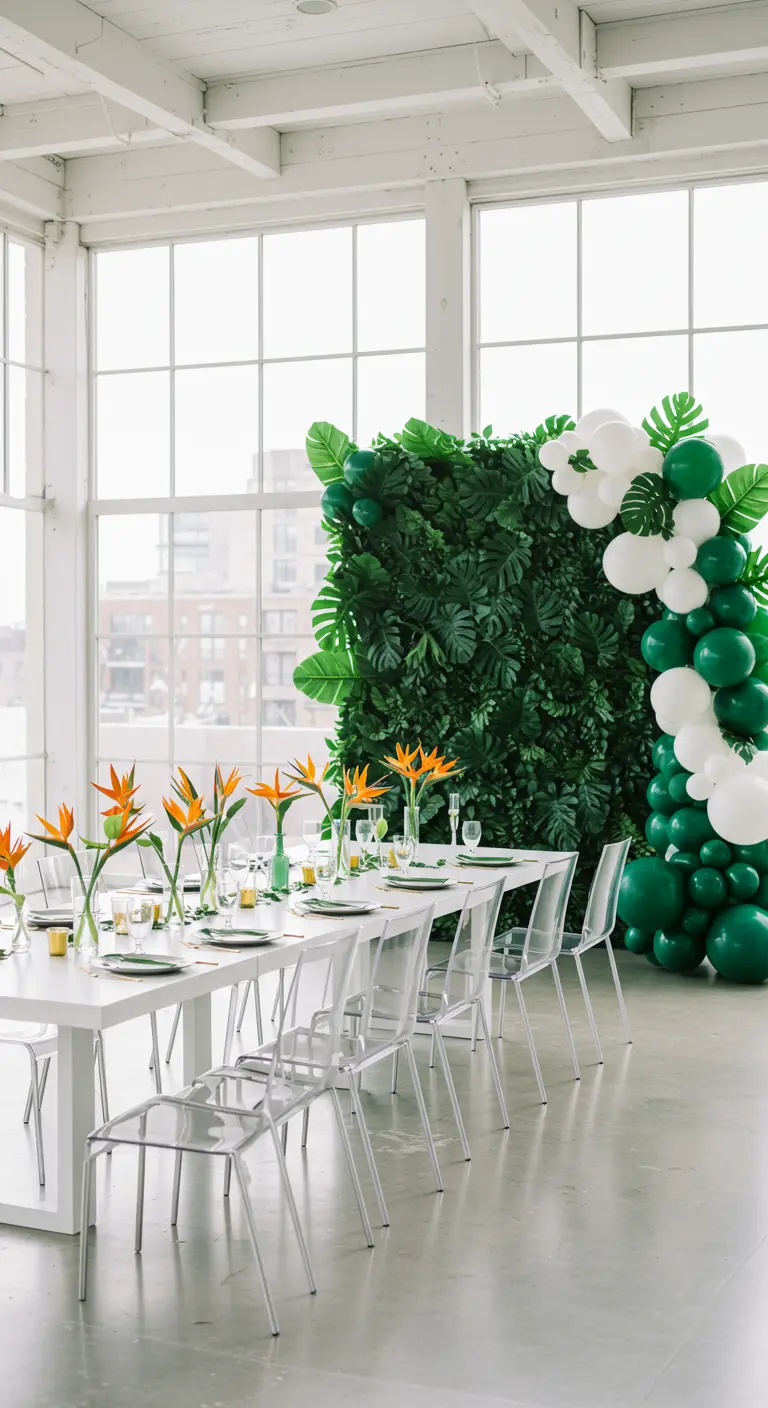 Table de fête blanche et moderne avec un mur végétal et une arche de ballons verts et blancs.