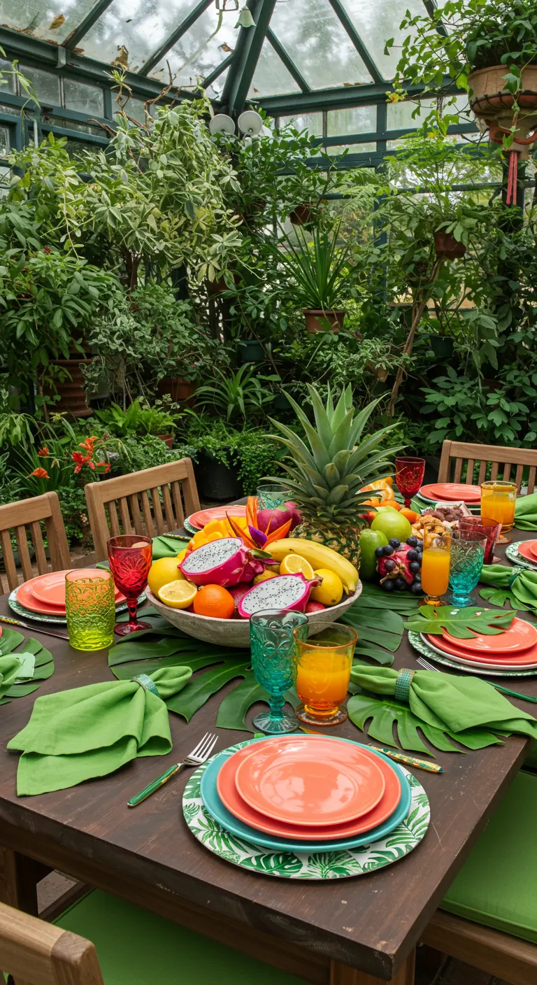 Table de brunch dans une serre, avec un ananas et des fruits exotiques en centre de table.