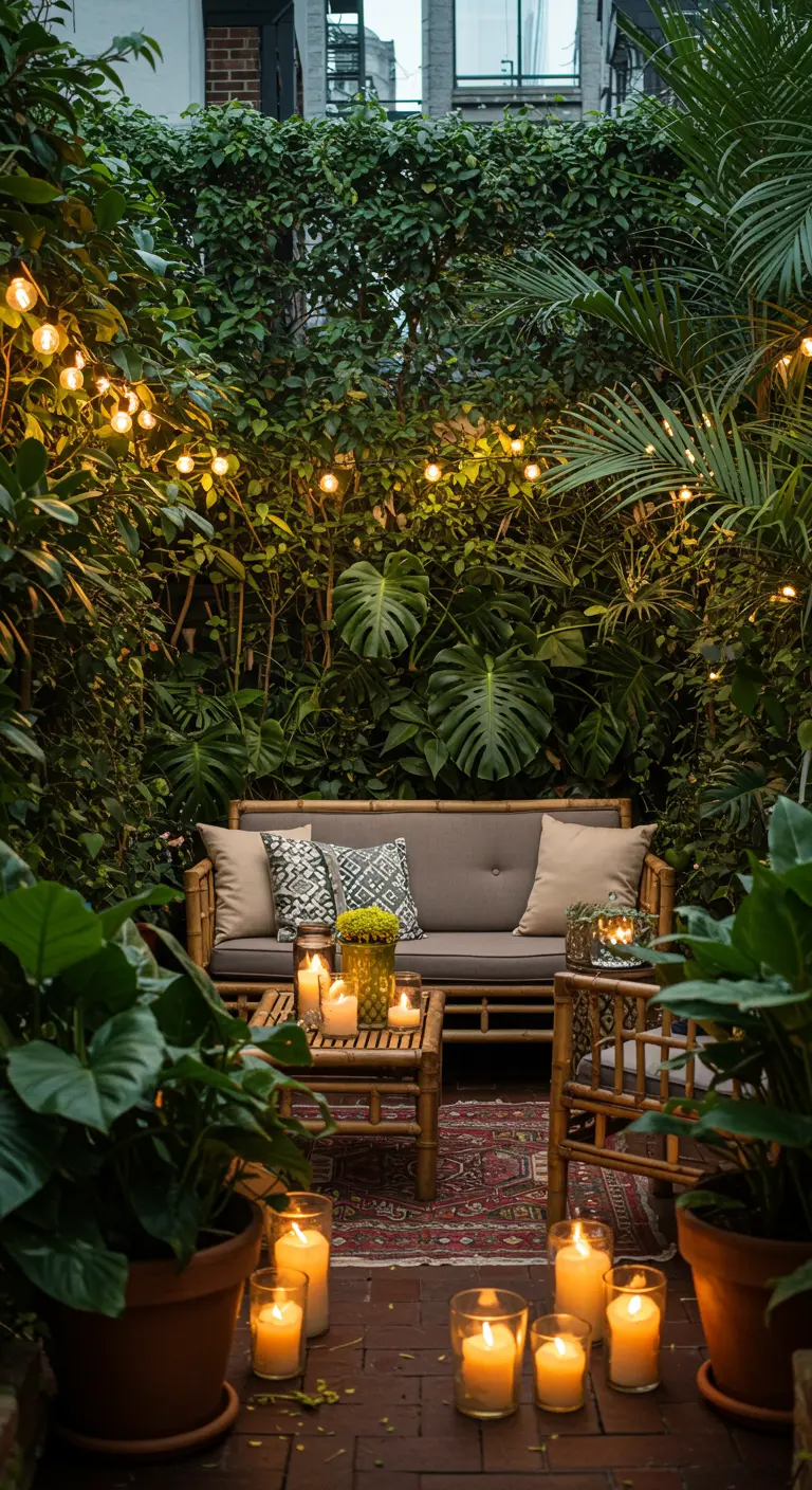 Patio luxuriant de style jungle avec un canapé, des guirlandes et des bougies.