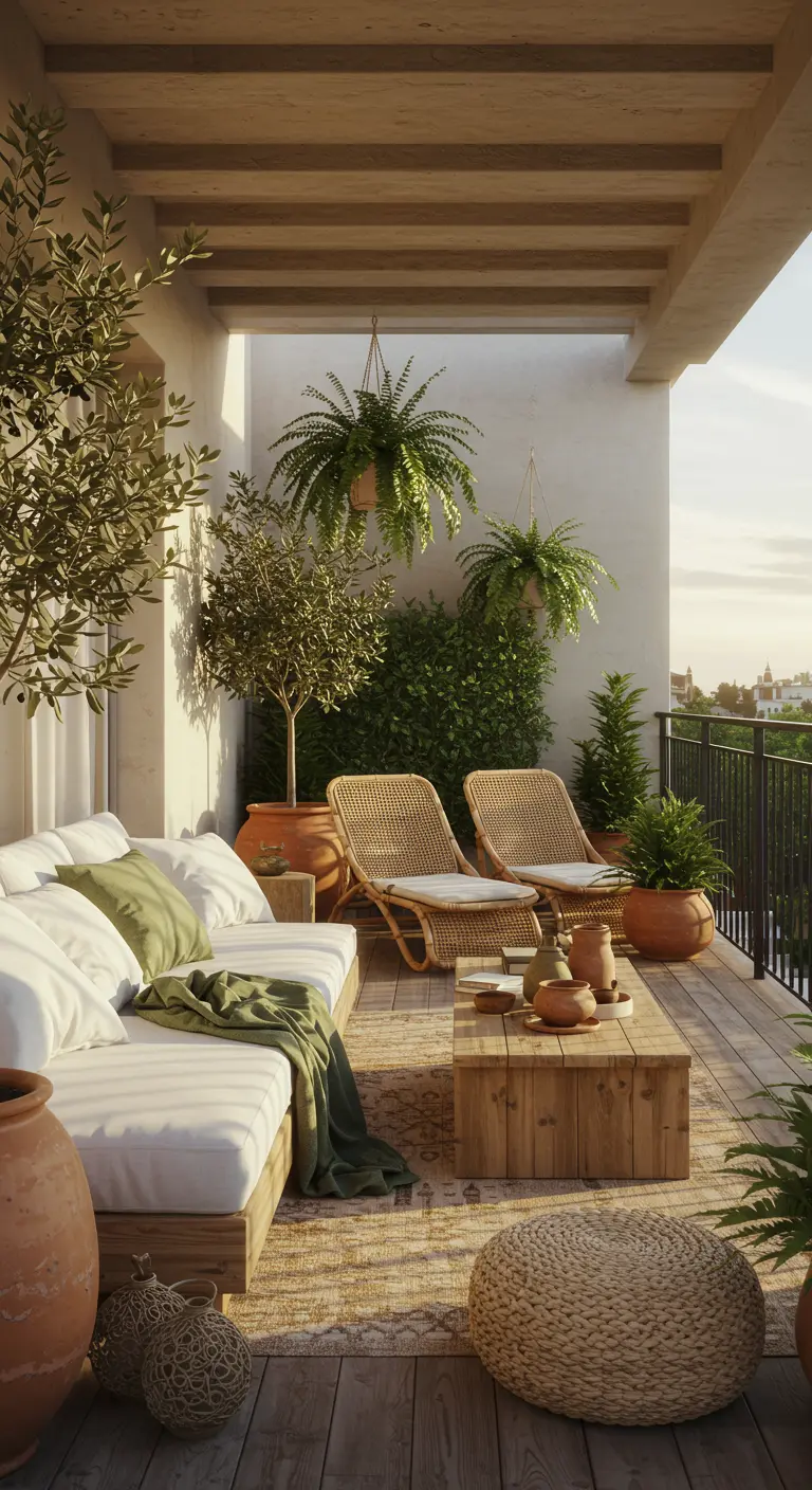 Balcon aménagé avec canapé blanc, table basse en bois, et de nombreuses plantes suspendues luxuriantes.
