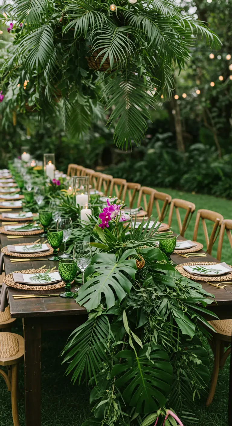 Table de fête luxuriante avec feuilles de monstera et orchidées.