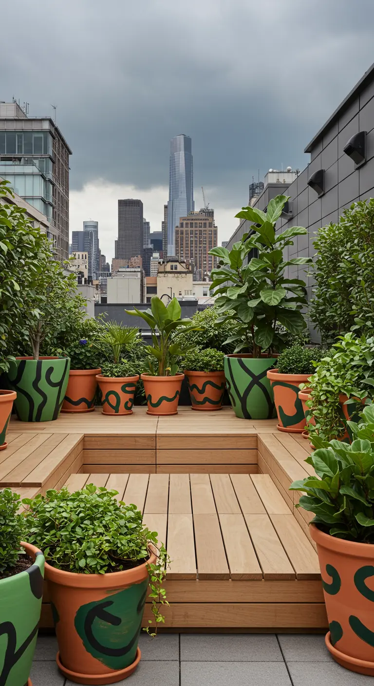 Terrasse sur un toit avec des pots en terre cuite peints de motifs verts abstraits.