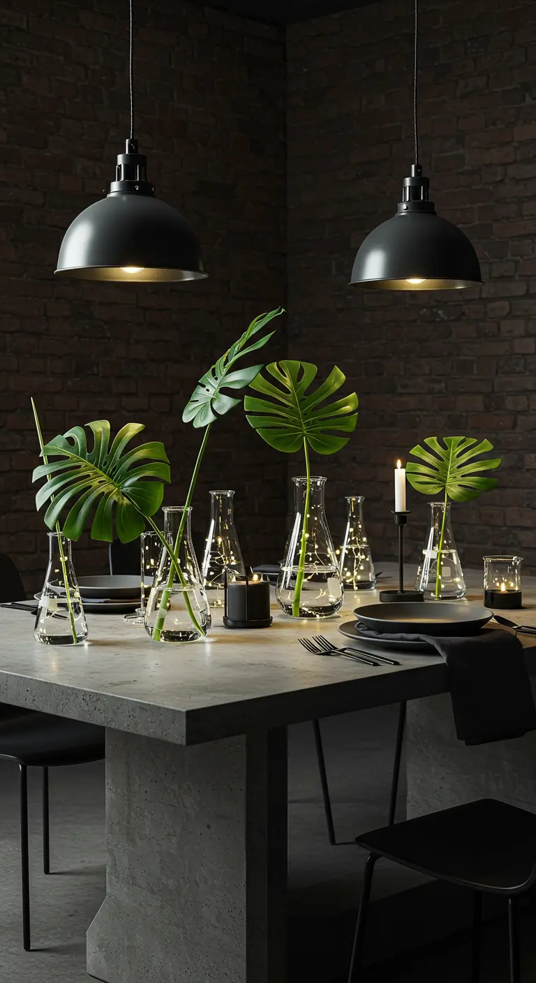Table industrielle avec vases en forme de béchers, feuilles de Monstera et bougies.