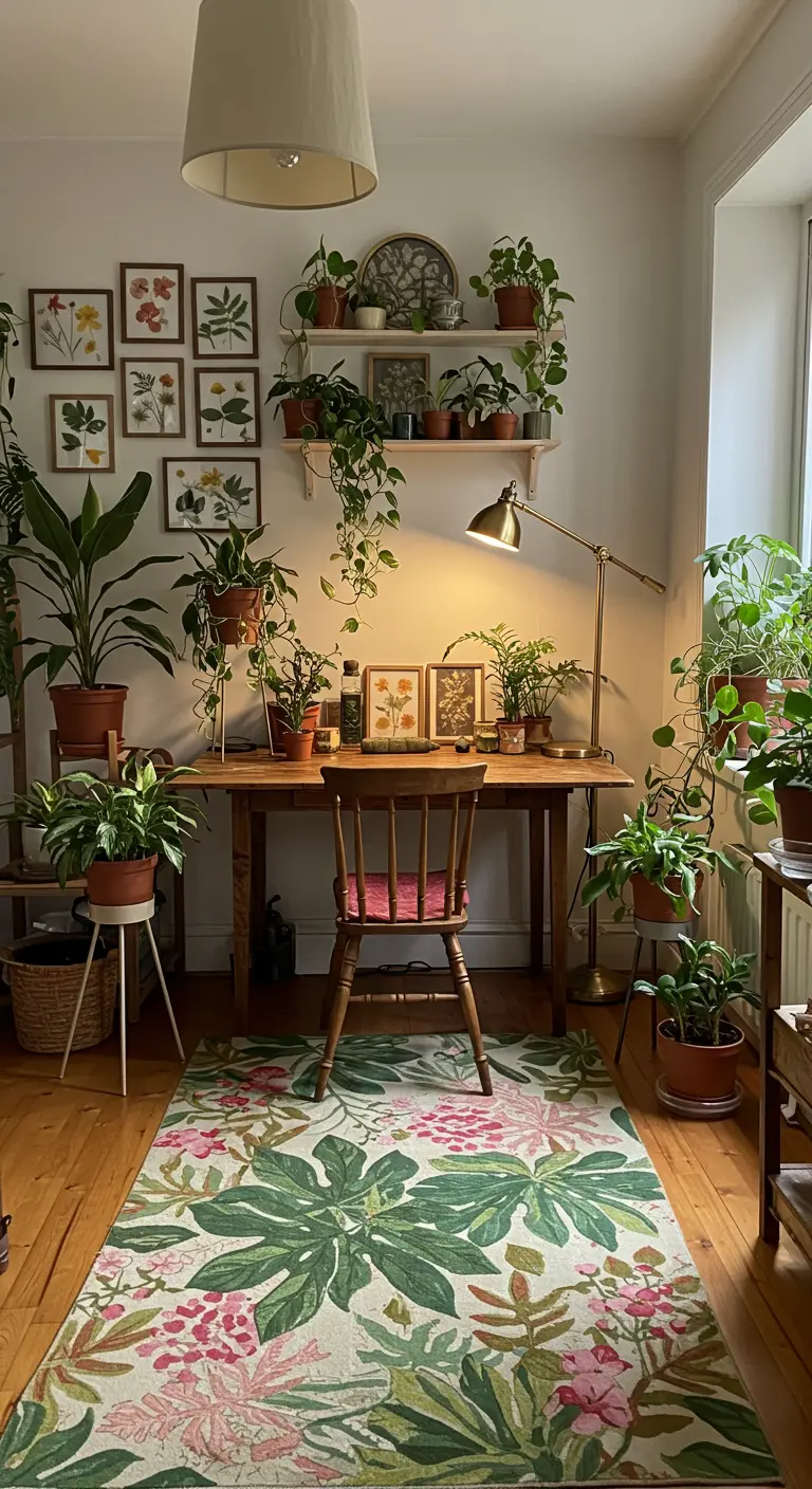 Bureau en bois entouré de nombreuses plantes vertes, avec un tapis à motifs de feuilles tropicales.