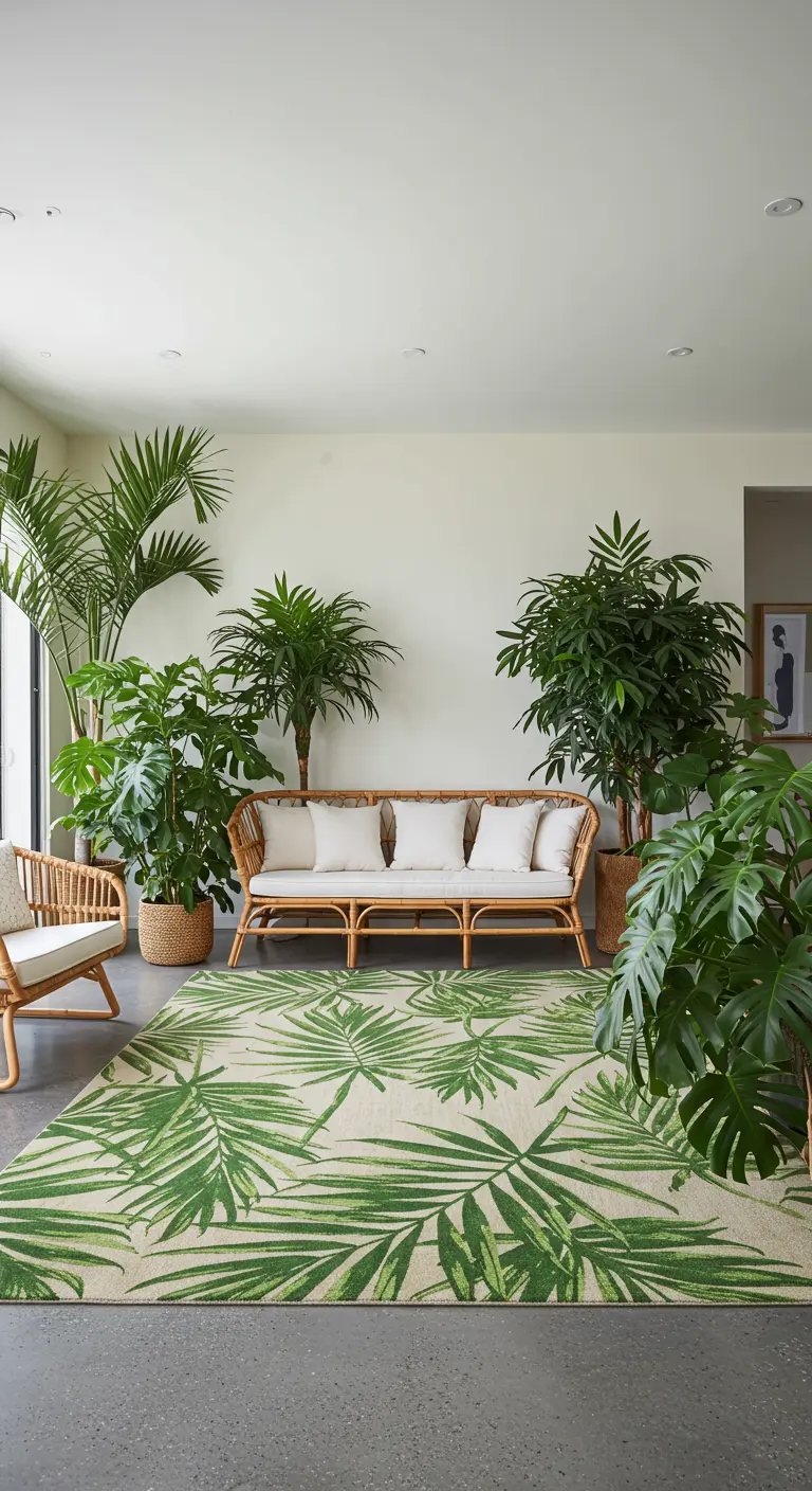 Salon lumineux avec un grand tapis à motifs de feuilles de palmier vertes.