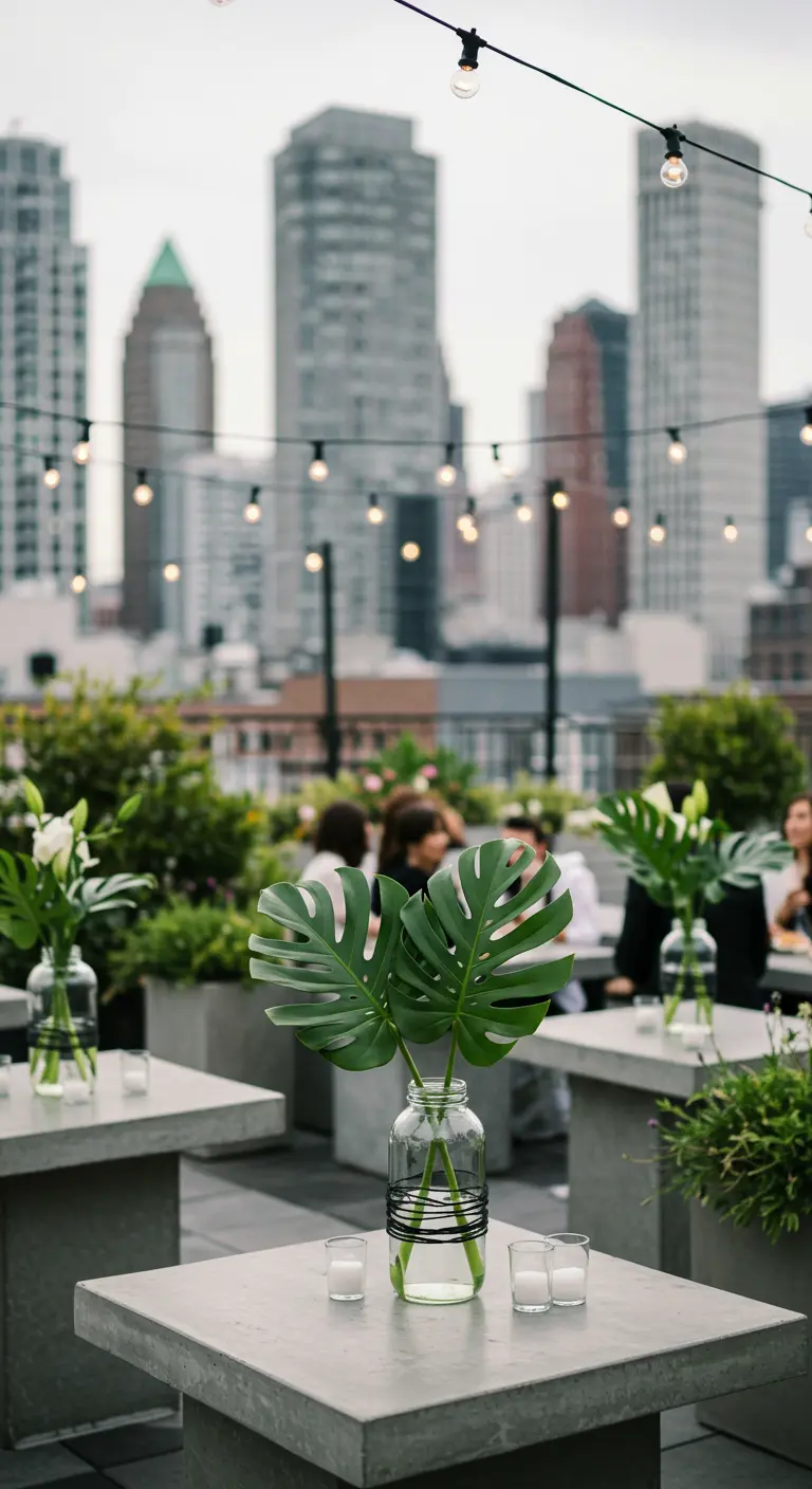 Table de mariage sur un rooftop avec vue sur la ville, feuilles de monstera en bocaux minimalistes.
