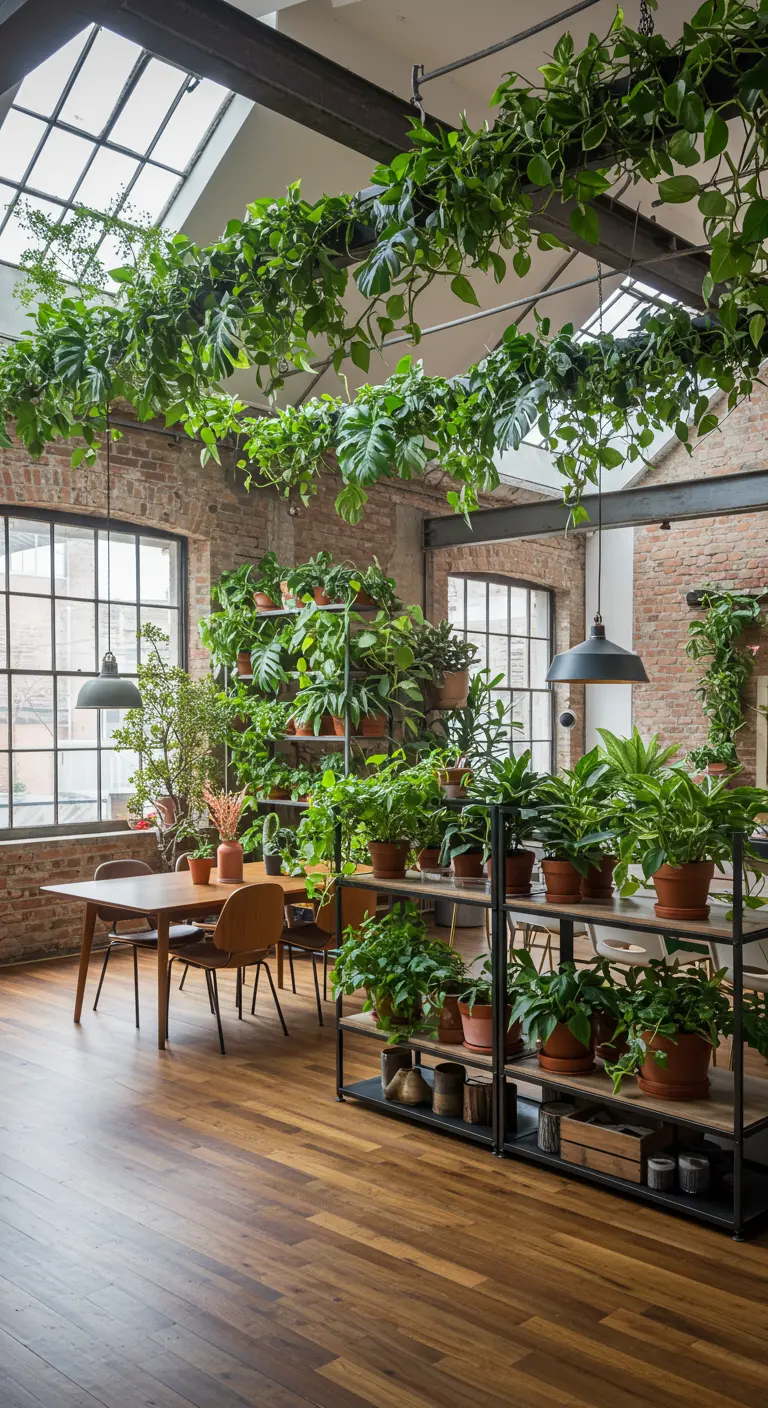 Loft industriel avec murs en briques, étagères de plantes et lierre suspendu au plafond.