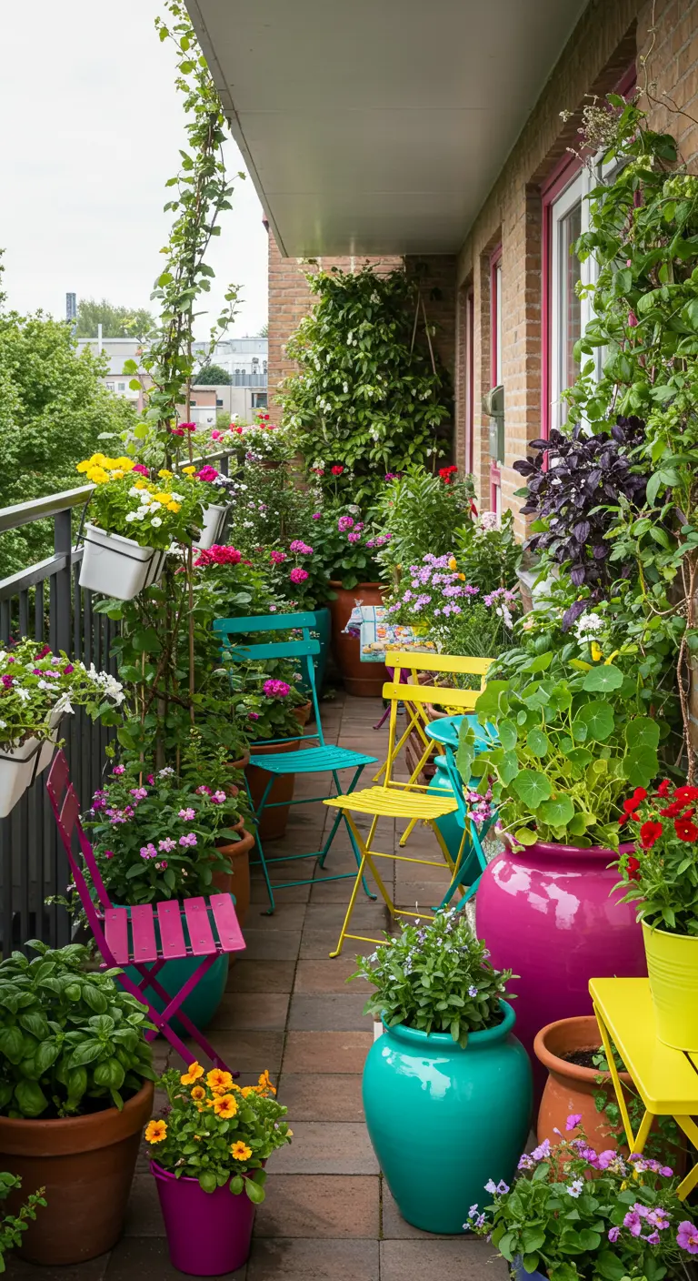 Balcon étroit débordant de fleurs et de plantes dans des pots et des chaises de toutes les couleurs.