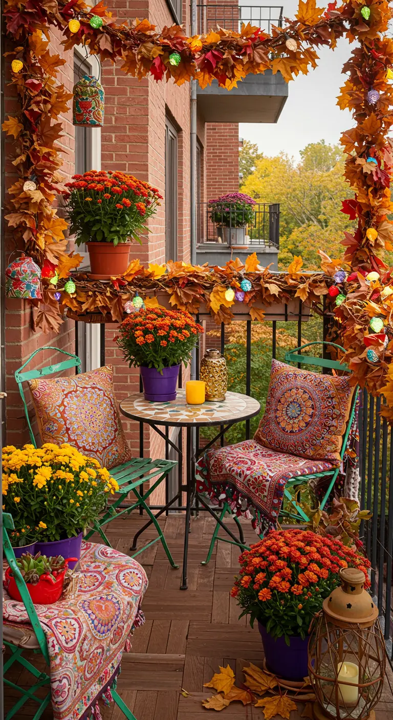 Balcon bohème avec coussins colorés, chaises vertes, guirlandes de feuilles lumineuses et chrysanthèmes.