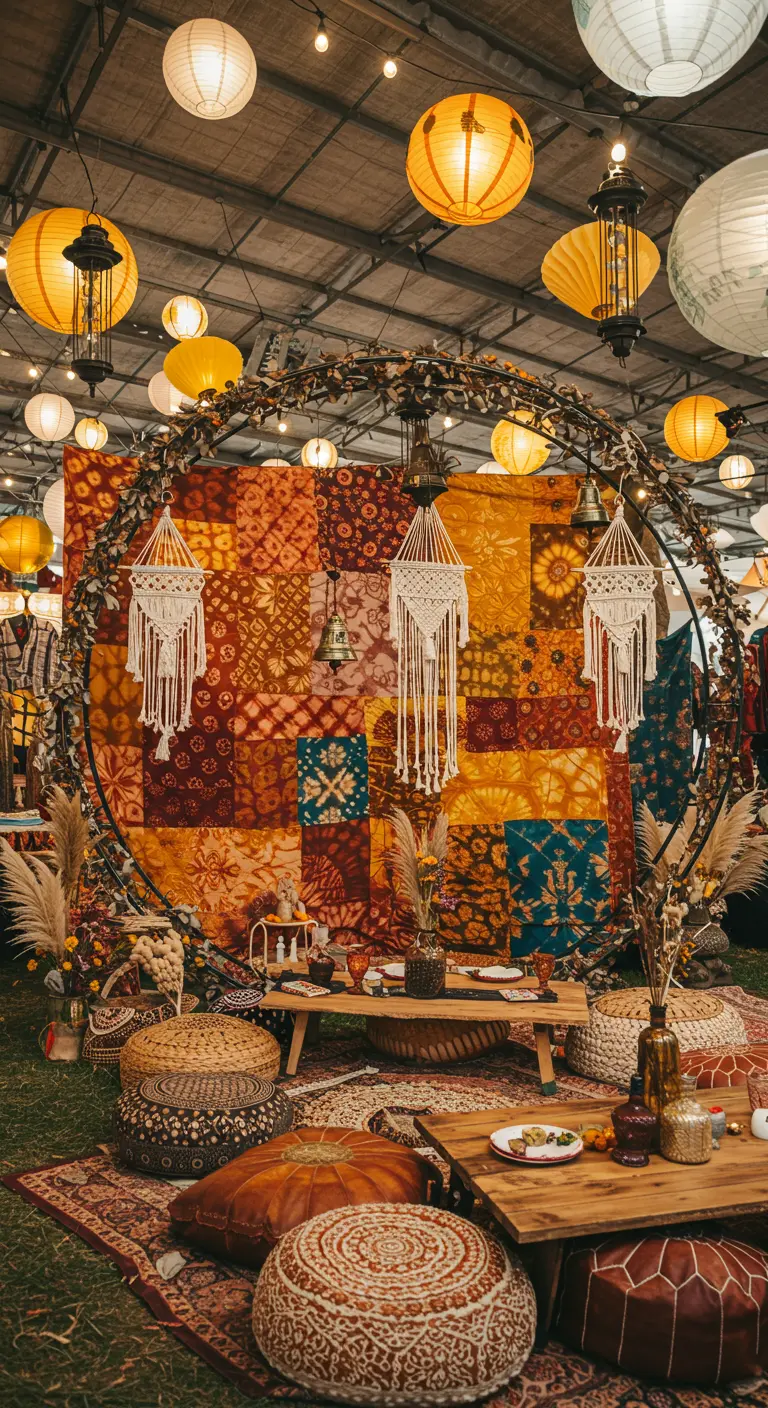 Arche circulaire bohème avec fond patchwork tie-dye, macramés, lampions et assise au sol.
