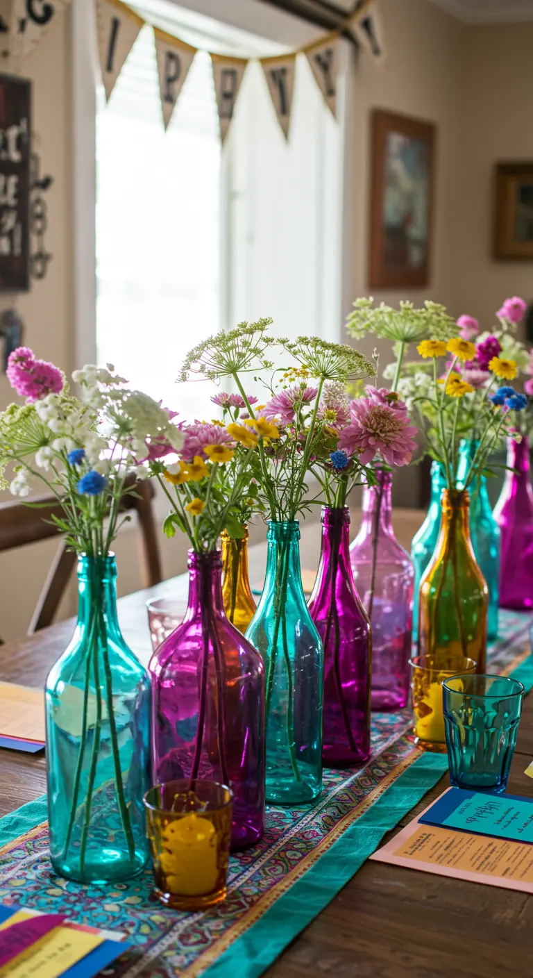 Collection de bouteilles en verre de toutes les couleurs servant de vases pour des fleurs sauvages.