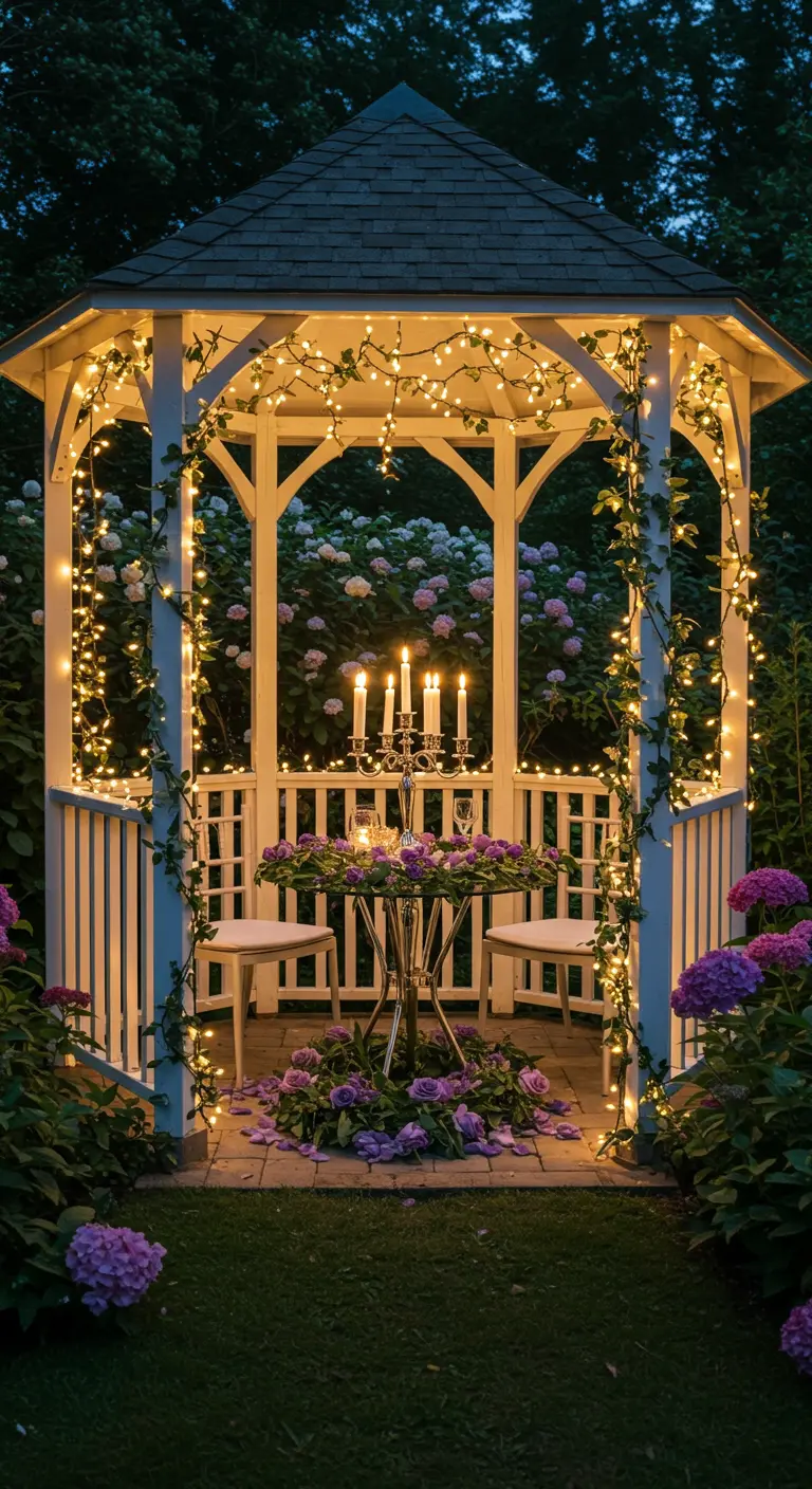Table de dîner romantique dans un kiosque de jardin blanc illuminé.