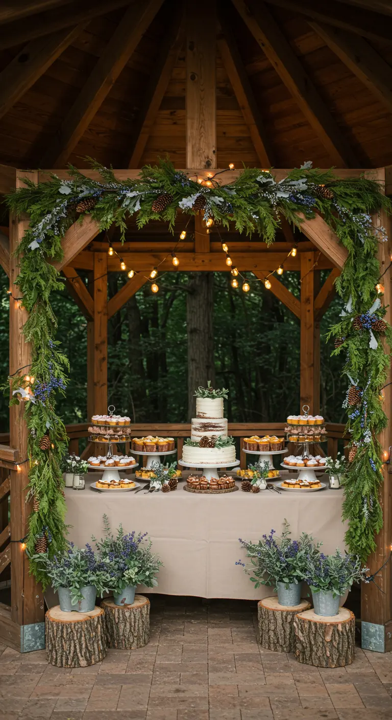Kiosque en bois décoré de guirlandes de conifères pour une cérémonie d'automne.